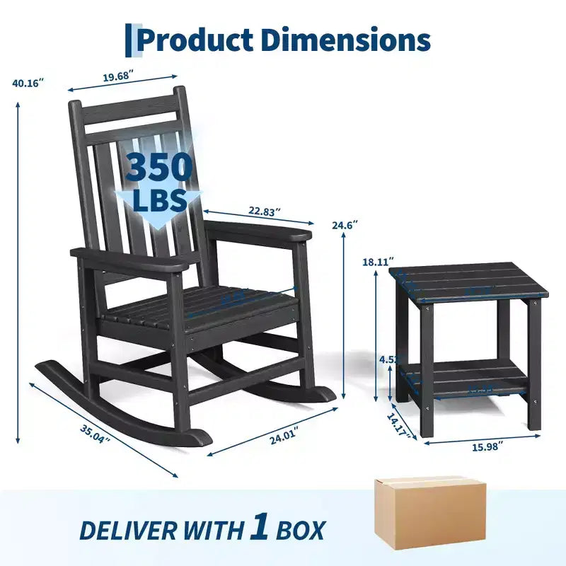 HDPE Rocking Chair Set of 2 with 1 Side Table, Adirondack Rocking Chair with High Back, All Weather Resistant Furniture Set for Porch, Garden