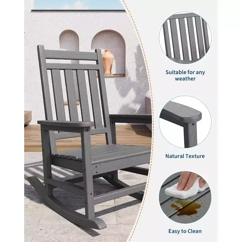HDPE Rocking Chair Set of 2 with 1 Side Table, Adirondack Rocking Chair with High Back, All Weather Resistant Furniture Set for Porch, Garden