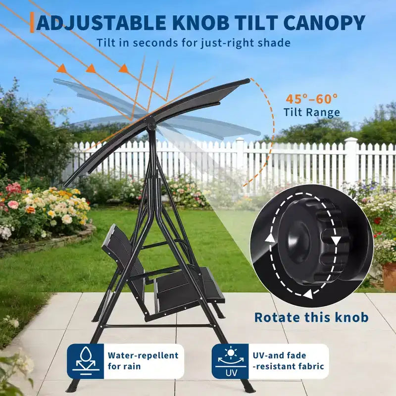 2-Seat Deluxe Outdoor Patio Porch Swing with Weather Resistant Steel Frame, Adjustable Tilt Canopy