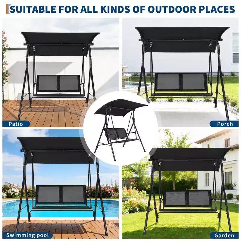 2-Seat Deluxe Outdoor Patio Porch Swing with Weather Resistant Steel Frame, Adjustable Tilt Canopy