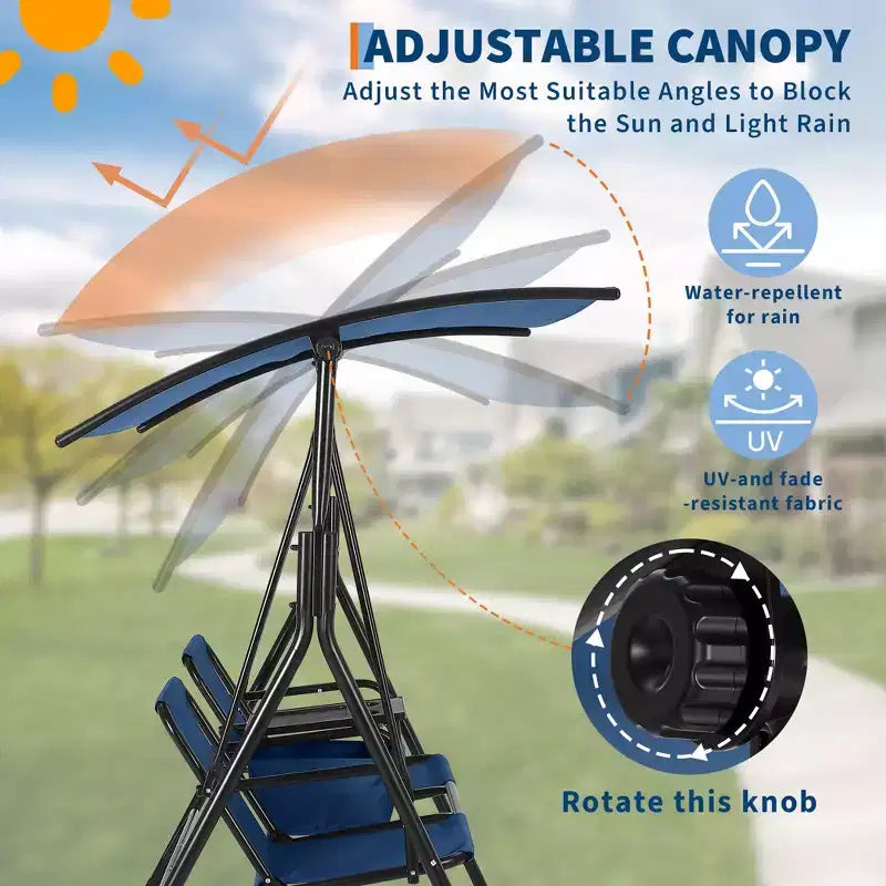 Sedia a dondolo da esterno con baldacchino regolabile, dondolo a bilanciere da esterno con struttura robusta per 2 adulti, ideale per prato e giardino