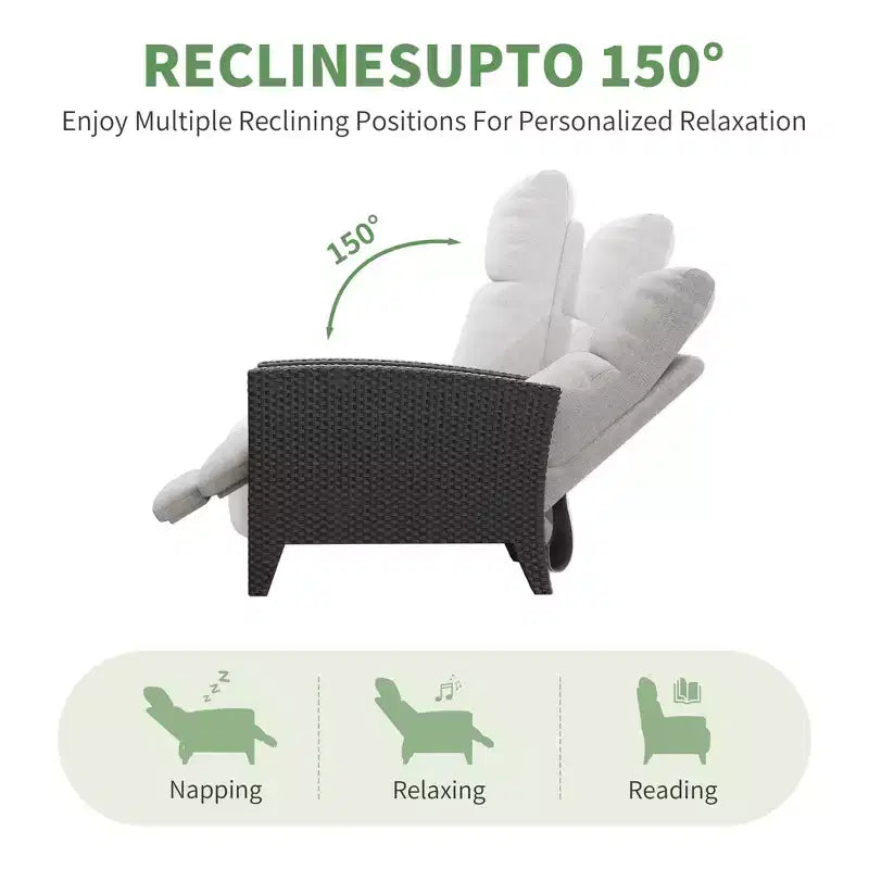 Poltrona Reclinabile in Vimini con Schienale e Poggiapiedi Regolabili, Poltrona da Patio Reclinabile in Rattan Piatta a 150° con Tavolino Laterale Estensibile e Pompa ad Aria