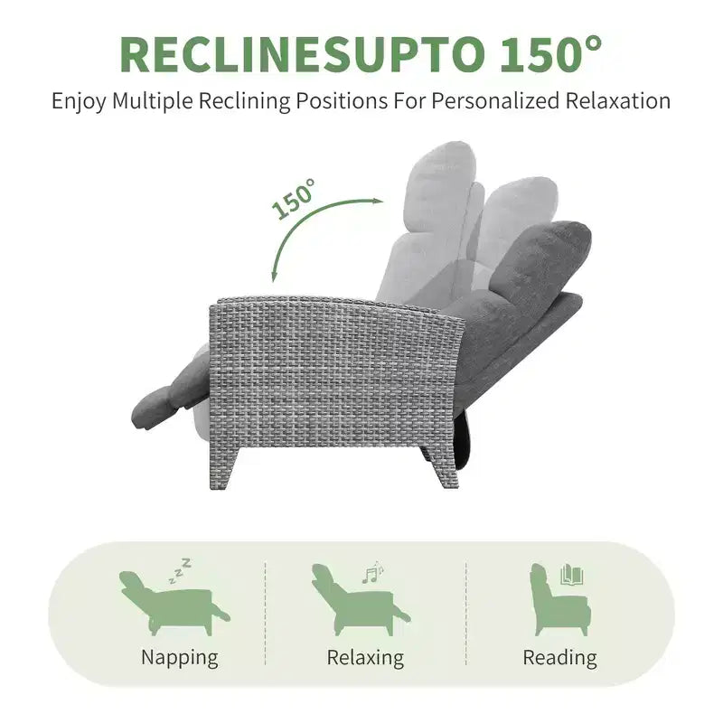 Poltrona Reclinabile in Vimini con Schienale e Poggiapiedi Regolabili, Poltrona da Patio Reclinabile in Rattan Piatta a 150° con Tavolino Laterale Estensibile e Pompa ad Aria
