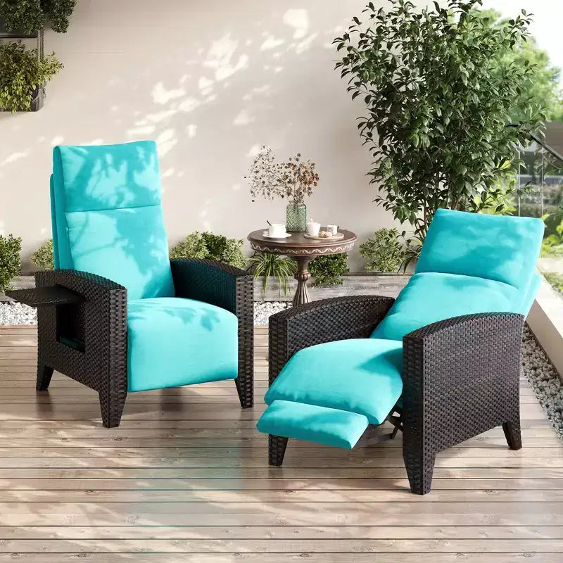 Poltrona Reclinabile in Vimini con Schienale e Poggiapiedi Regolabili, Poltrona da Patio Reclinabile in Rattan Piatta a 150° con Tavolino Laterale Estensibile e Pompa ad Aria