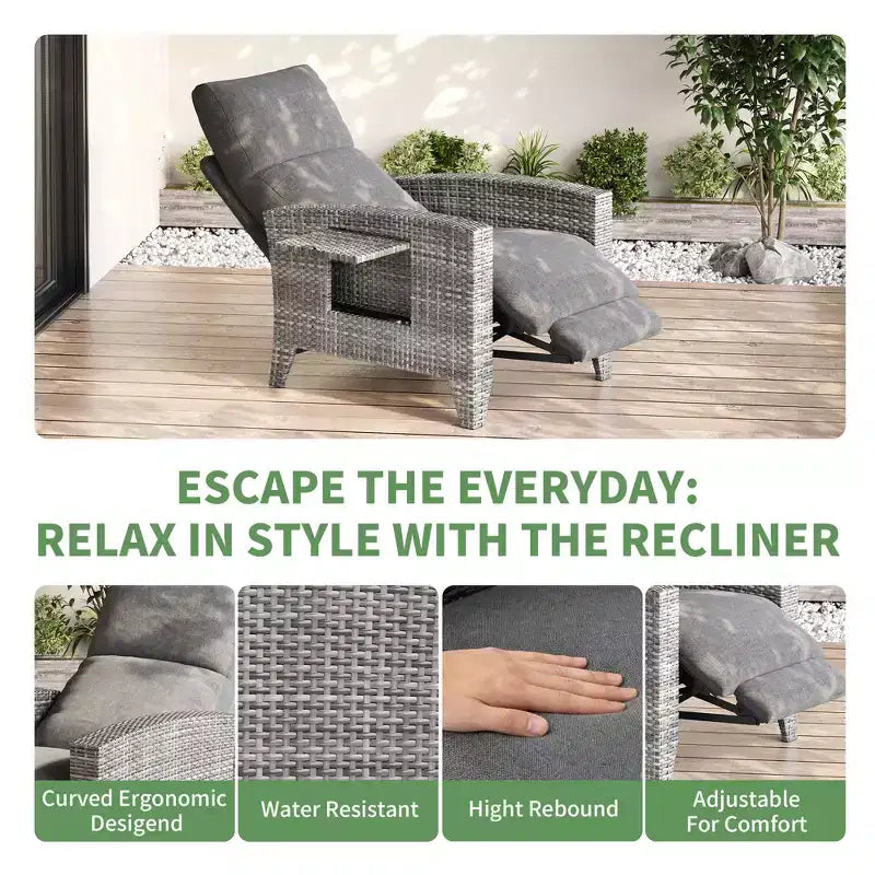 Poltrona Reclinabile in Vimini con Schienale e Poggiapiedi Regolabili, Poltrona da Patio Reclinabile in Rattan Piatta a 150° con Tavolino Laterale Estensibile e Pompa ad Aria
