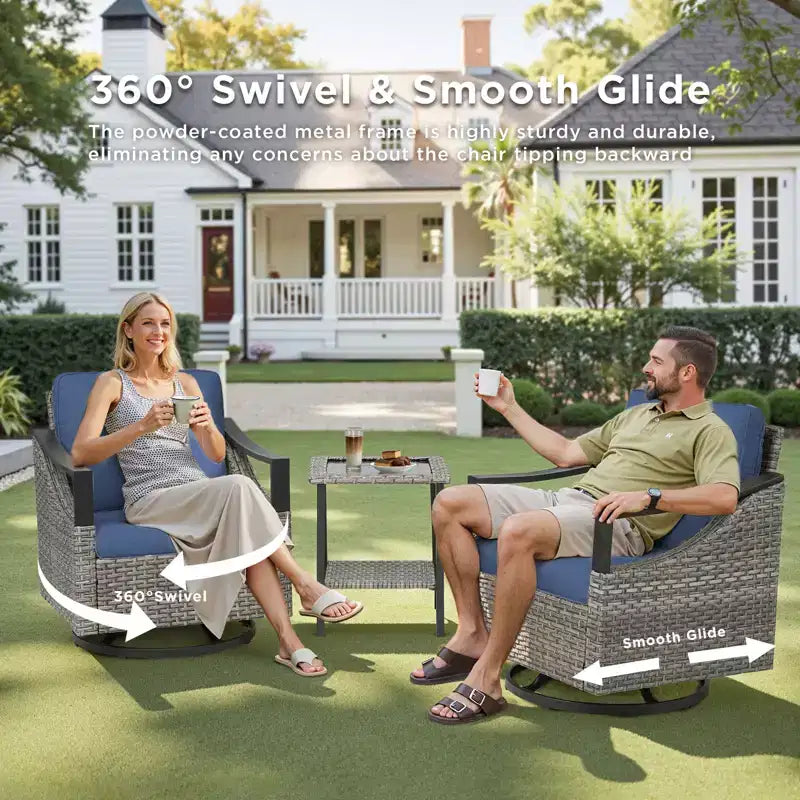 GDFStudio Moxie Sedia Girevole a Dondolo da Esterno in Rattan e Acciaio con Cuscini (Set di 2)
