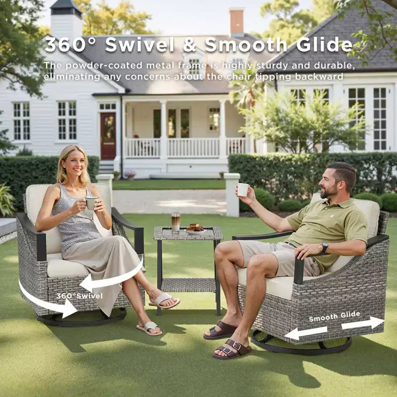 GDFStudio Moxie Sedia Girevole a Dondolo da Esterno in Rattan e Acciaio con Cuscini (Set di 2)