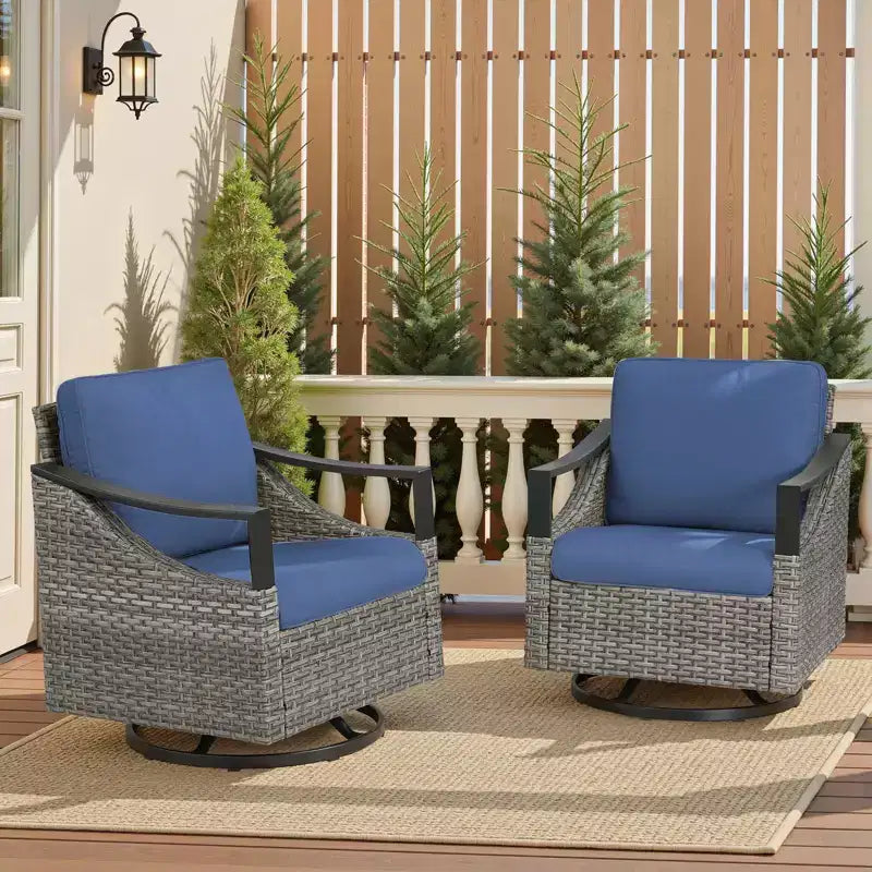GDFStudio Moxie Sedia Girevole a Dondolo da Esterno in Rattan e Acciaio con Cuscini (Set di 2)
