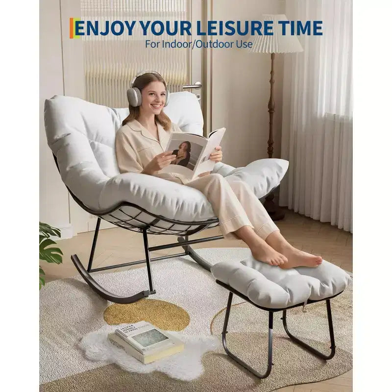 Patio Rocking Chair with Ottoman, Outdoor Indoor Rocking Egg Chair with Cushions, Metal Lounge Chair Oversized Papasan Chair for Porch Garden