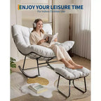 Patio Rocking Chair with Ottoman, Outdoor Indoor Rocking Egg Chair with Cushions, Metal Lounge Chair Oversized Papasan Chair for Porch Garden