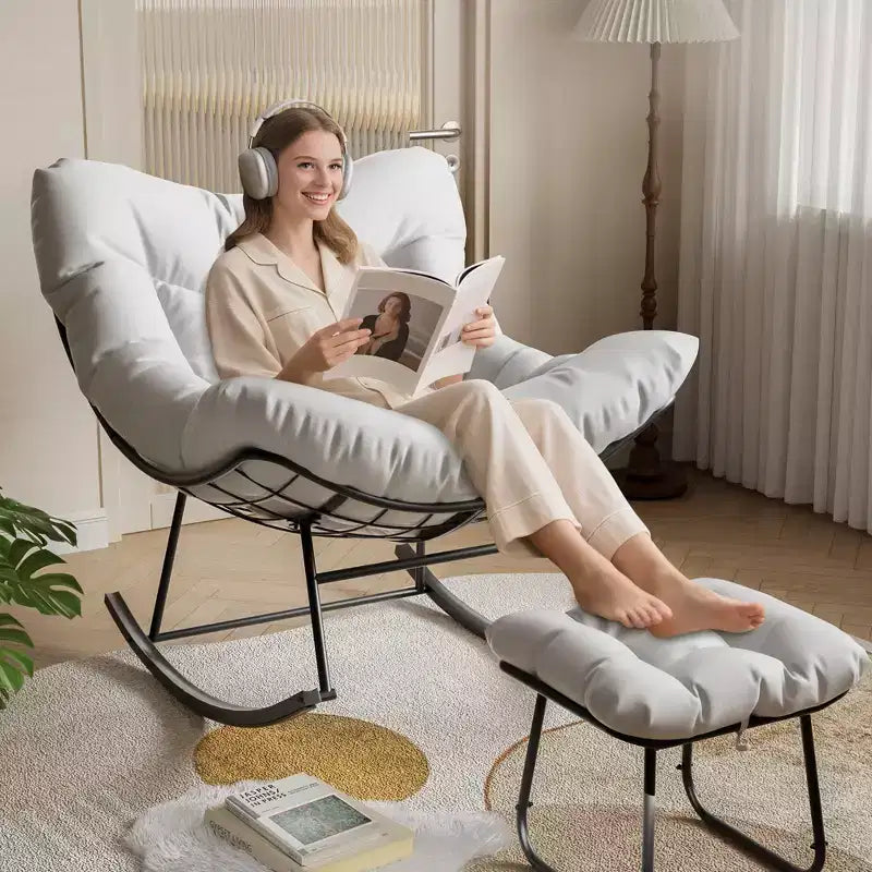 Patio Rocking Chair with Ottoman, Outdoor Indoor Rocking Egg Chair with Cushions, Metal Lounge Chair Oversized Papasan Chair for Porch Garden