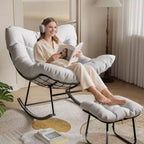 Patio Rocking Chair with Ottoman, Outdoor Indoor Rocking Egg Chair with Cushions, Metal Lounge Chair Oversized Papasan Chair for Porch Garden