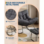 Patio Rocking Chair with Ottoman, Outdoor Indoor Rocking Egg Chair with Cushions, Metal Lounge Chair Oversized Papasan Chair for Porch Garden