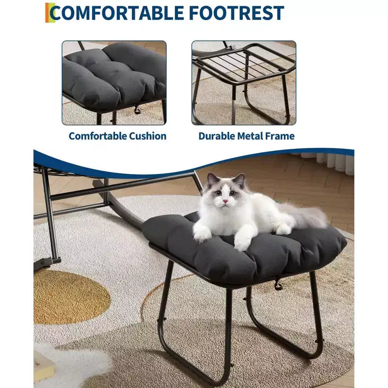 Patio Rocking Chair with Ottoman, Outdoor Indoor Rocking Egg Chair with Cushions, Metal Lounge Chair Oversized Papasan Chair for Porch Garden