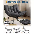 Patio Rocking Chair with Ottoman, Outdoor Indoor Rocking Egg Chair with Cushions, Metal Lounge Chair Oversized Papasan Chair for Porch Garden