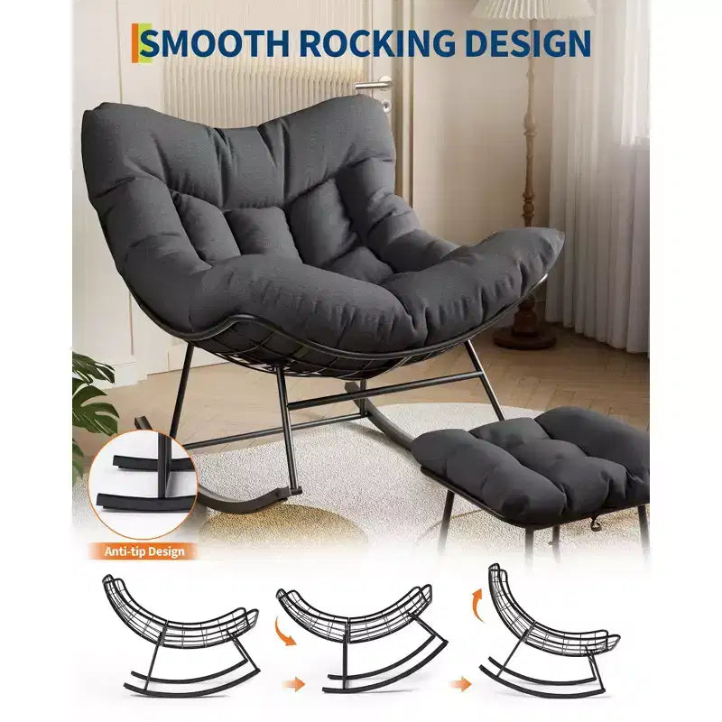 Patio Rocking Chair with Ottoman, Outdoor Indoor Rocking Egg Chair with Cushions, Metal Lounge Chair Oversized Papasan Chair for Porch Garden