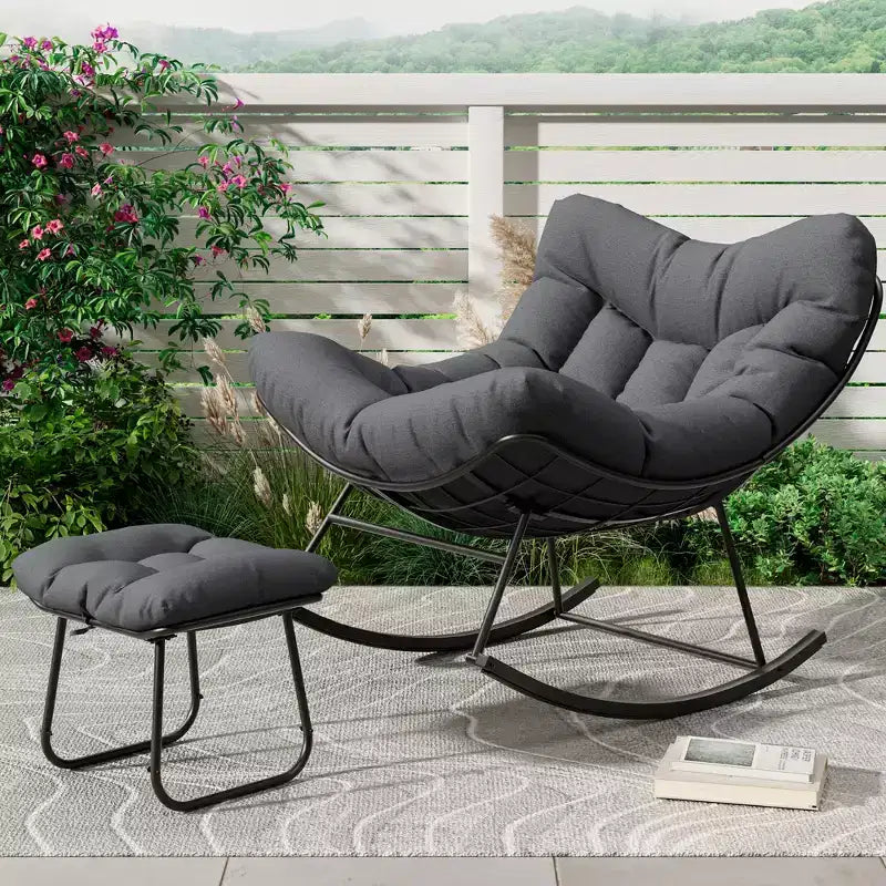 Patio Rocking Chair with Ottoman, Outdoor Indoor Rocking Egg Chair with Cushions, Metal Lounge Chair Oversized Papasan Chair for Porch Garden