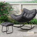Patio Rocking Chair with Ottoman, Outdoor Indoor Rocking Egg Chair with Cushions, Metal Lounge Chair Oversized Papasan Chair for Porch Garden