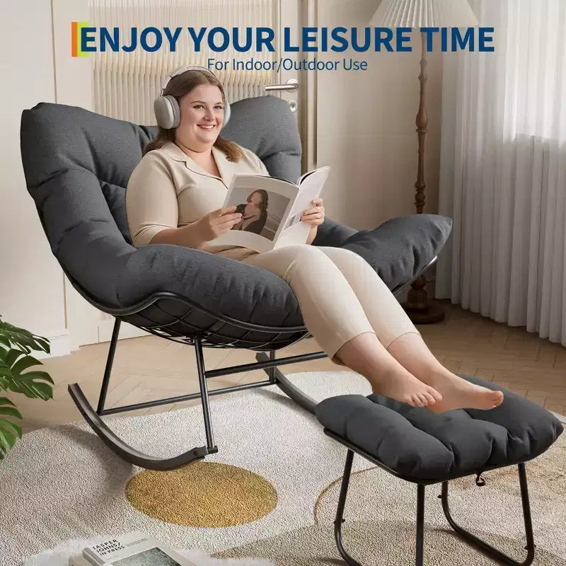 Patio Rocking Chair with Ottoman, Outdoor Indoor Rocking Egg Chair with Cushions, Metal Lounge Chair Oversized Papasan Chair for Porch Garden