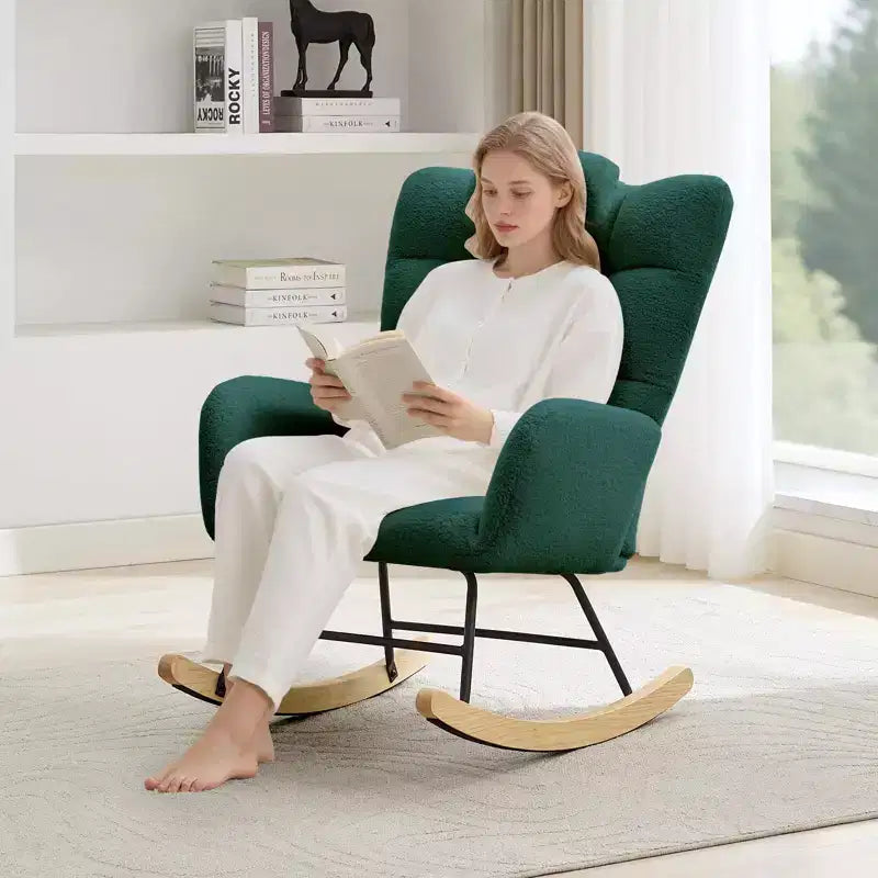 Nursery Rocking Chair,Teddy Upholstered Glider Rocker Rocking Accent Chair Padded Seat with High Backrest Armchair for Living Room