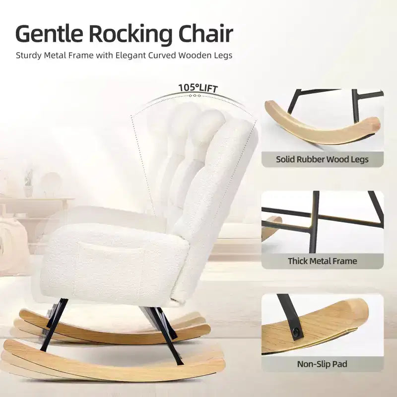 Nursery Rocking Chair,Teddy Upholstered Glider Rocker Rocking Accent Chair Padded Seat with High Backrest Armchair for Living Room