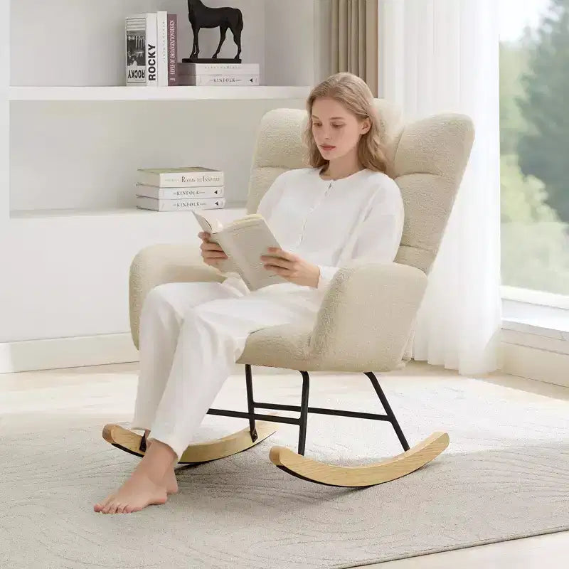 Nursery Rocking Chair,Teddy Upholstered Glider Rocker Rocking Accent Chair Padded Seat with High Backrest Armchair for Living Room