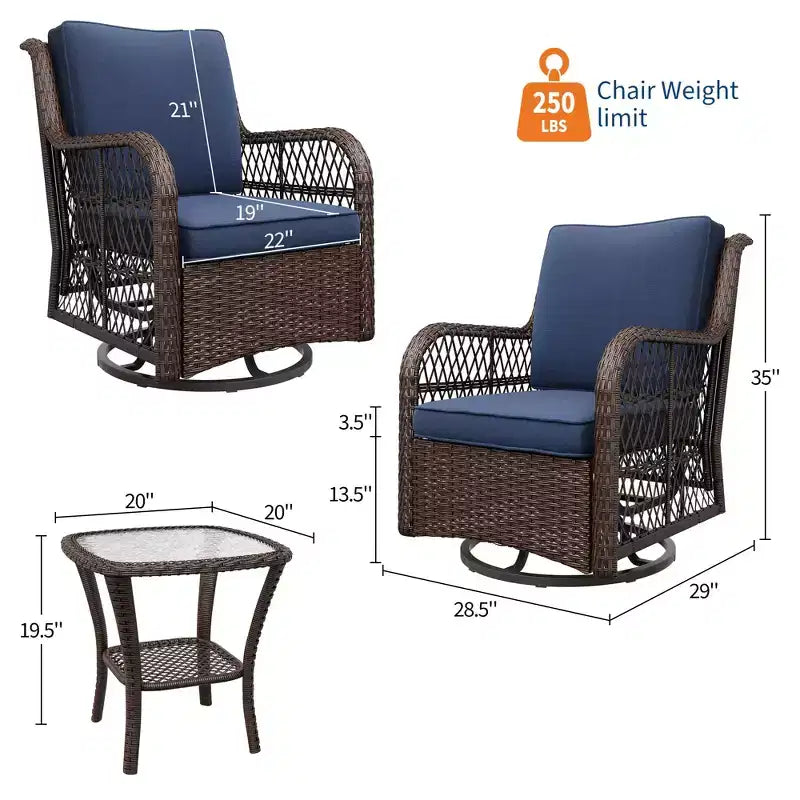 3 Pcs Outdoor Wicker Rattan Swivel Rocking Chair Set, 360-Degree Swivel Rocking Chair, Armored Glass Side Table for Backyard, Porch, Balcony, Garden