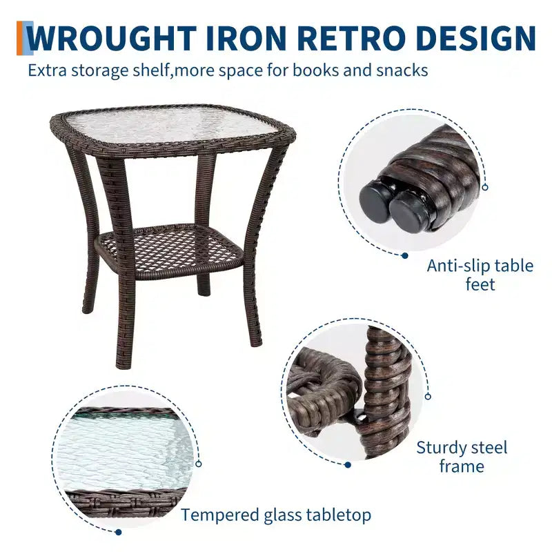 3 Pcs Outdoor Wicker Rattan Swivel Rocking Chair Set, 360-Degree Swivel Rocking Chair, Armored Glass Side Table for Backyard, Porch, Balcony, Garden