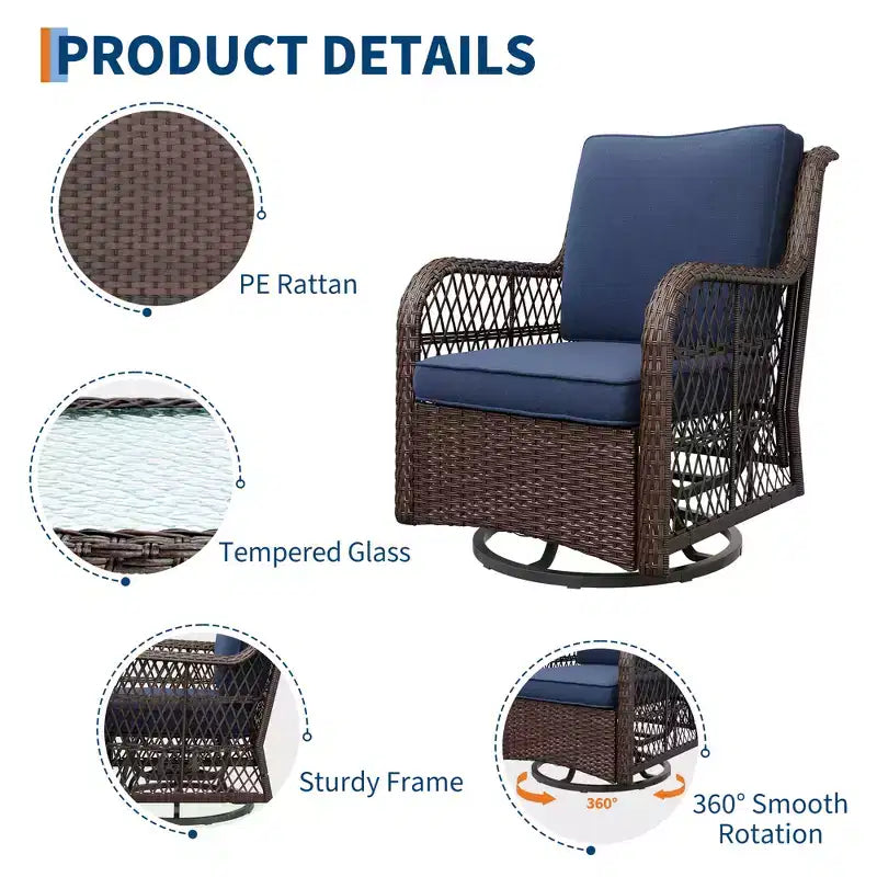 3 Pcs Outdoor Wicker Rattan Swivel Rocking Chair Set, 360-Degree Swivel Rocking Chair, Armored Glass Side Table for Backyard, Porch, Balcony, Garden
