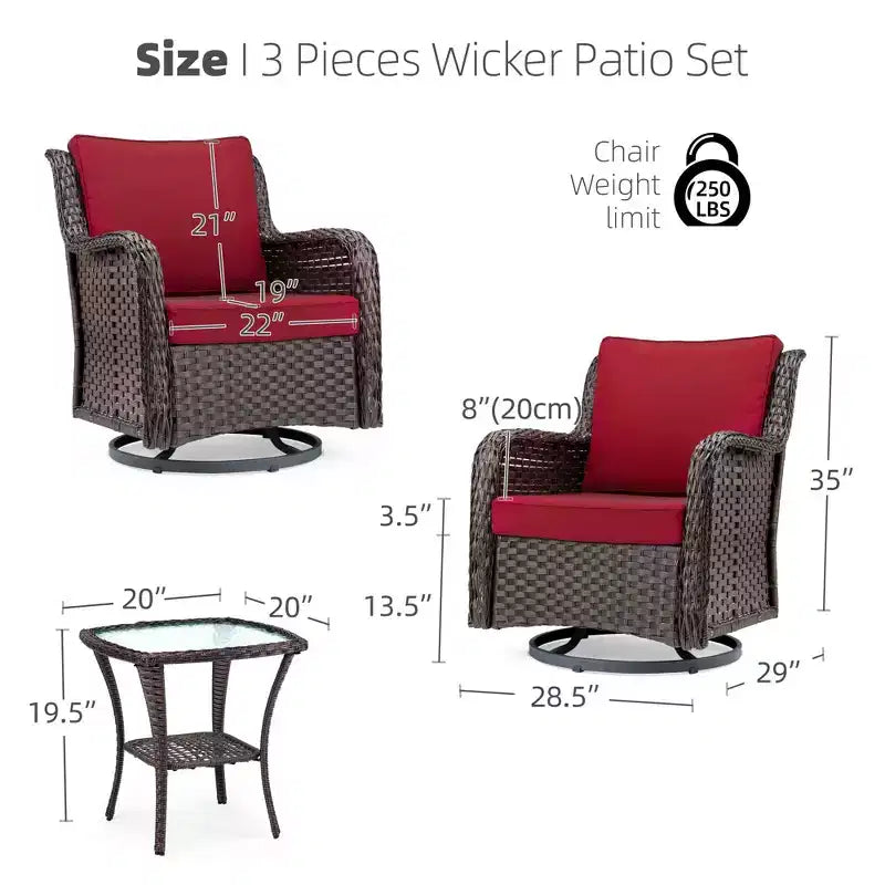 3 Pcs Outdoor Wicker Rattan Swivel Rocking Chair Set, 360-Degree Swivel Rocking Chair, Armored Glass Side Table for Backyard, Porch, Balcony, Garden