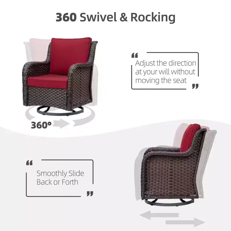 3 Pcs Outdoor Wicker Rattan Swivel Rocking Chair Set, 360-Degree Swivel Rocking Chair, Armored Glass Side Table for Backyard, Porch, Balcony, Garden