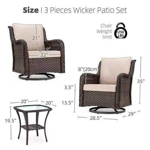 Set di 3 Poltrone Dondolo Girevoli in Vimini Rattan per Esterni, Poltrona Dondolo Girevole a 360 Gradi, Tavolino Laterale in Vetro Corazzato per Cortile, Portico, Balcone, Giardino