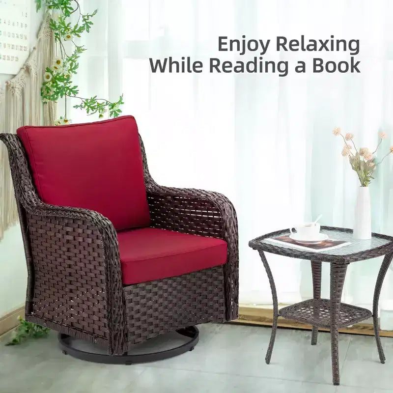 3 Pcs Outdoor Wicker Rattan Swivel Rocking Chair Set, 360-Degree Swivel Rocking Chair, Armored Glass Side Table for Backyard, Porch, Balcony, Garden