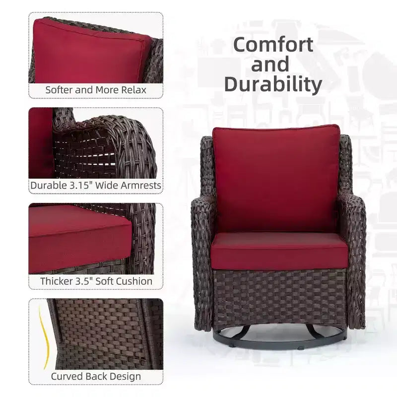 3 Pcs Outdoor Wicker Rattan Swivel Rocking Chair Set, 360-Degree Swivel Rocking Chair, Armored Glass Side Table for Backyard, Porch, Balcony, Garden