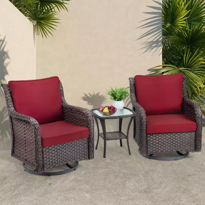3 Pcs Outdoor Wicker Rattan Swivel Rocking Chair Set, 360-Degree Swivel Rocking Chair, Armored Glass Side Table for Backyard, Porch, Balcony, Garden