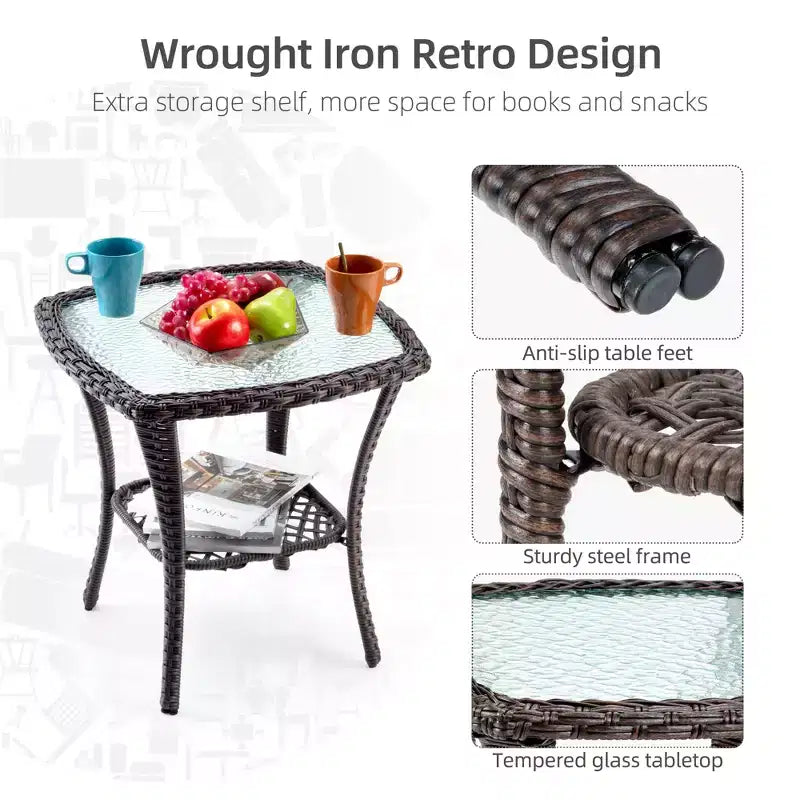 3 Pcs Outdoor Wicker Rattan Swivel Rocking Chair Set, 360-Degree Swivel Rocking Chair, Armored Glass Side Table for Backyard, Porch, Balcony, Garden