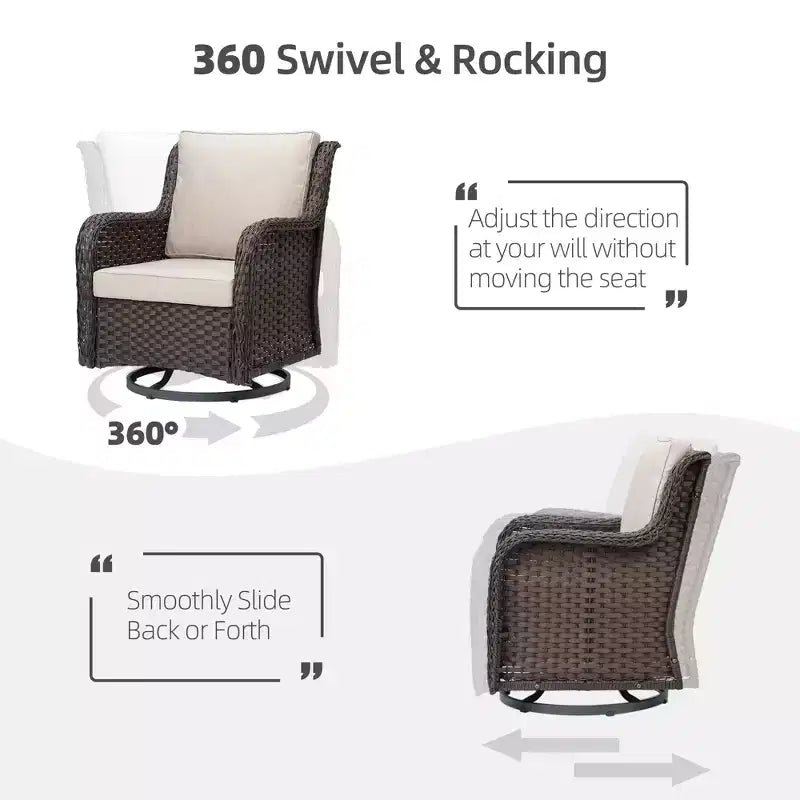 3 Pcs Outdoor Wicker Rattan Swivel Rocking Chair Set, 360-Degree Swivel Rocking Chair, Armored Glass Side Table for Backyard, Porch, Balcony, Garden
