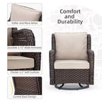3 Pcs Outdoor Wicker Rattan Swivel Rocking Chair Set, 360-Degree Swivel Rocking Chair, Armored Glass Side Table for Backyard, Porch, Balcony, Garden