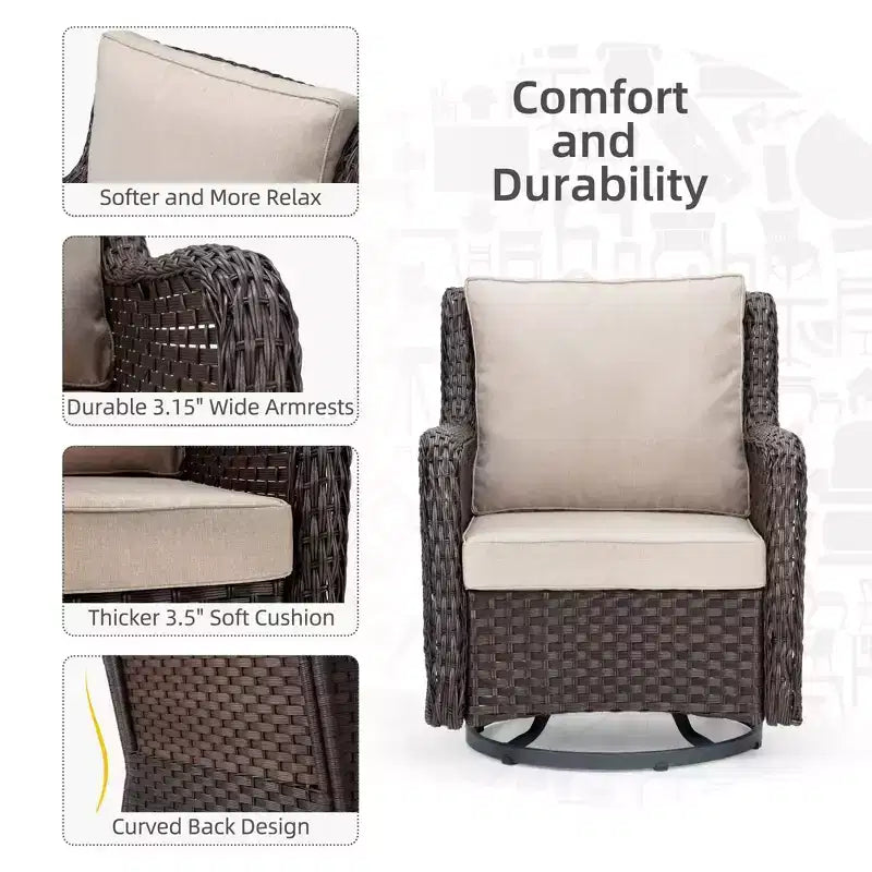 3 Pcs Outdoor Wicker Rattan Swivel Rocking Chair Set, 360-Degree Swivel Rocking Chair, Armored Glass Side Table for Backyard, Porch, Balcony, Garden