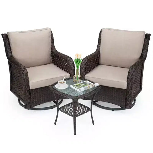 3 Pcs Outdoor Wicker Rattan Swivel Rocking Chair Set, 360-Degree Swivel Rocking Chair, Armored Glass Side Table for Backyard, Porch, Balcony, Garden