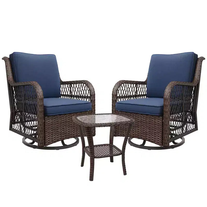 3 Pcs Outdoor Wicker Rattan Swivel Rocking Chair Set, 360-Degree Swivel Rocking Chair, Armored Glass Side Table for Backyard, Porch, Balcony, Garden
