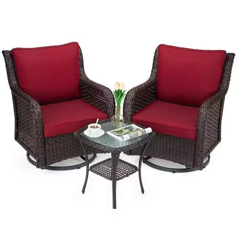3 Pcs Outdoor Wicker Rattan Swivel Rocking Chair Set, 360-Degree Swivel Rocking Chair, Armored Glass Side Table for Backyard, Porch, Balcony, Garden