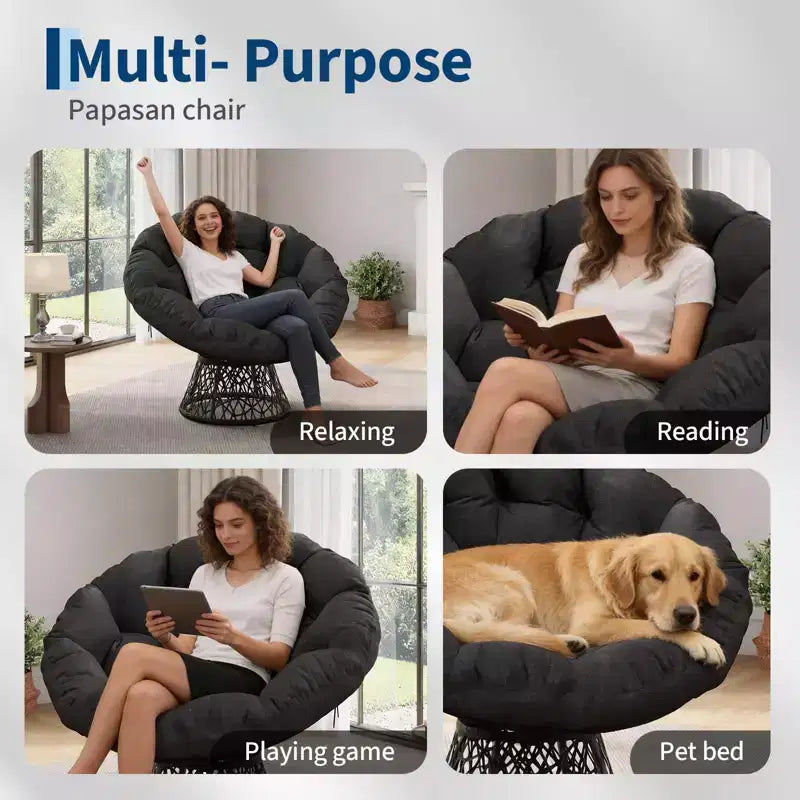 Moderna sedia Papasan ergonomica in vimini da 37 pollici, sedia a conca girevole oversize con base girevole a 360° per camera da letto, patio, soggiorno, angolo lettura