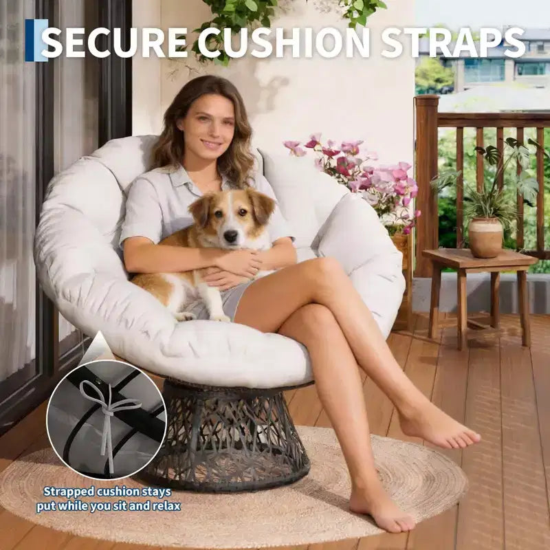Moderna sedia Papasan ergonomica in vimini da 37 pollici, sedia a conca girevole oversize con base girevole a 360° per camera da letto, patio, soggiorno, angolo lettura