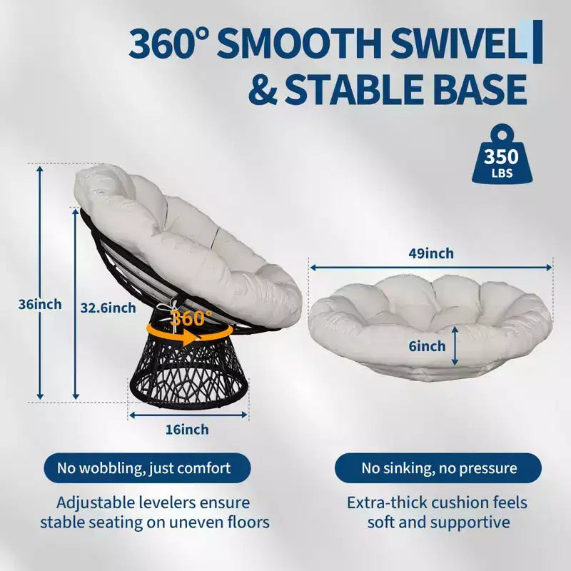 Moderna sedia Papasan ergonomica in vimini da 37 pollici, sedia a conca girevole oversize con base girevole a 360° per camera da letto, patio, soggiorno, angolo lettura