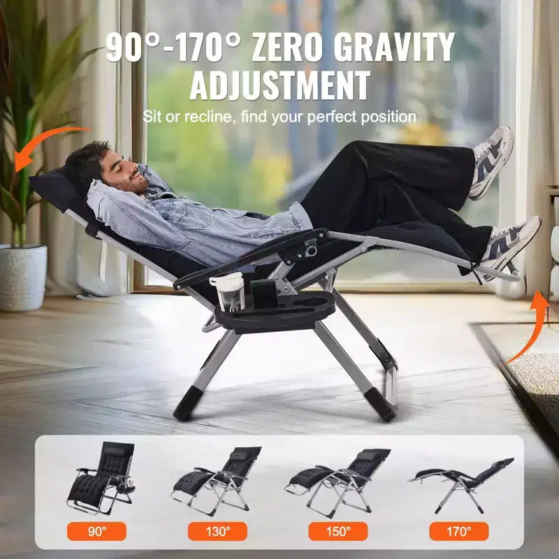 33 in Poltrona Reclinabile Sedia a Sdraio Pieghevole Zero Gravity con Cuscino Vassoio Portabicchieri 500 lbs Nera