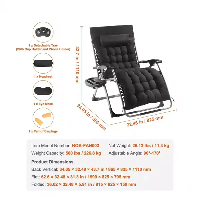 33 in Poltrona Reclinabile Sedia a Sdraio Pieghevole Zero Gravity con Cuscino Vassoio Portabicchieri 500 lbs Nera