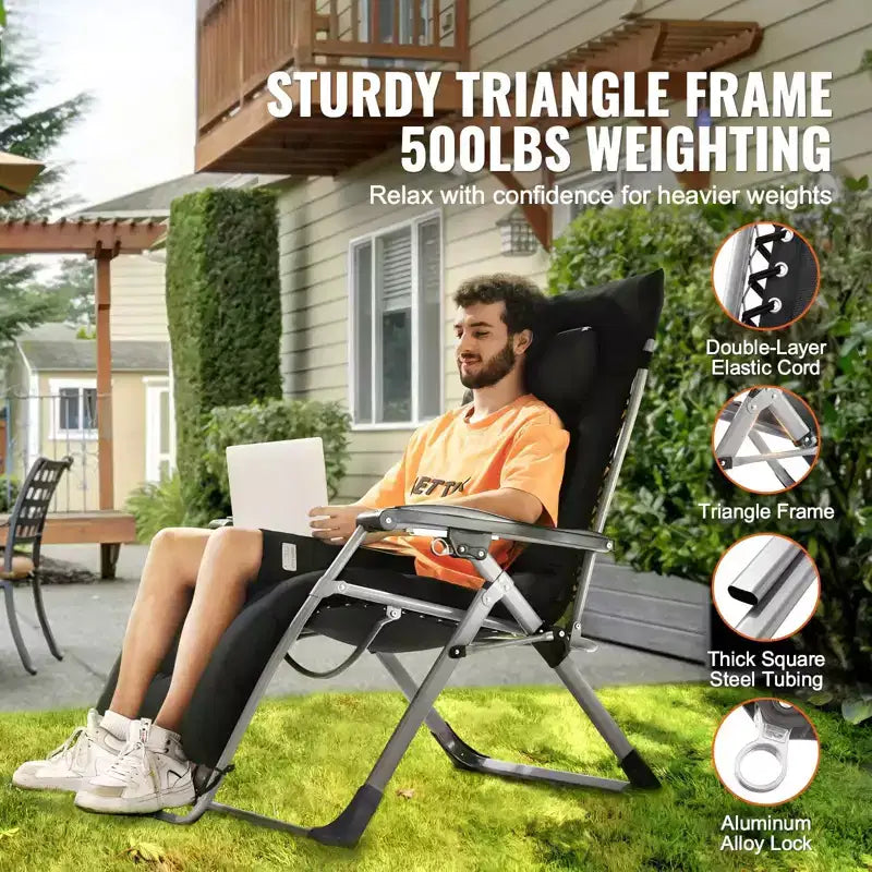 26 in Zero Gravity Recliner Chair Folding Lounge with Cushion Tray 500 lbs Black