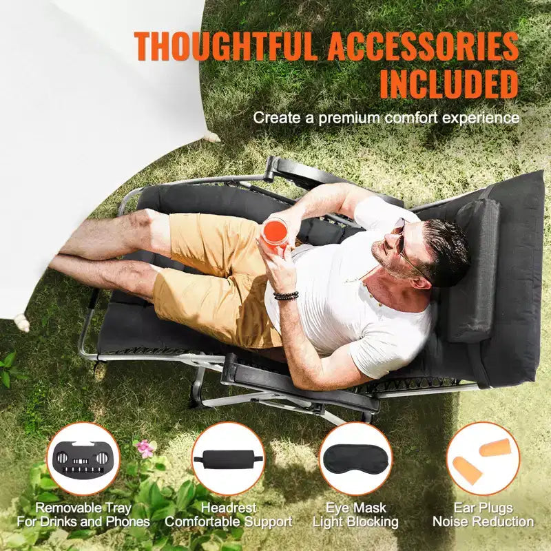 26 in Zero Gravity Recliner Chair Folding Lounge with Cushion Tray 500 lbs Black