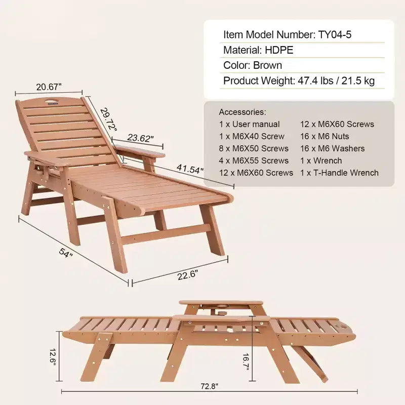 Sedia Sdraio da Esterno in HDPE con Schienale Regolabile in 6 Posizioni, Portabicchieri, 180 kg Marrone